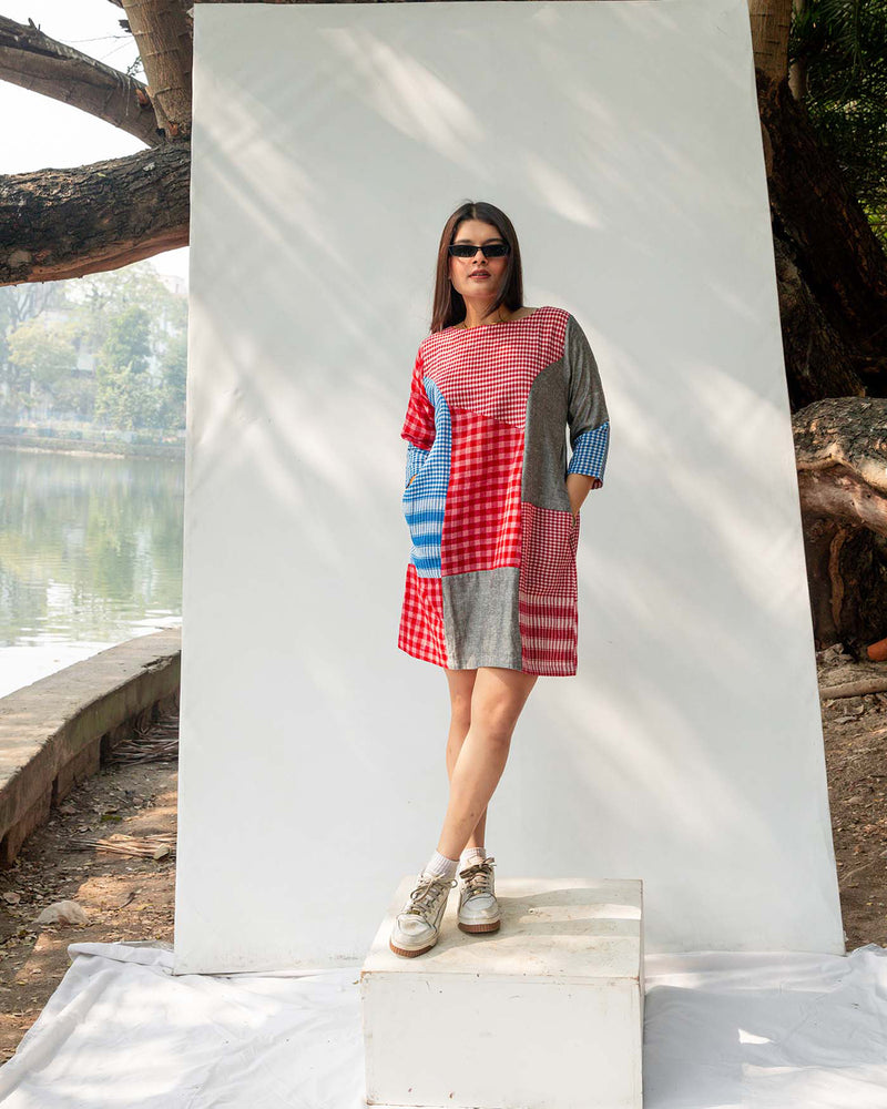 Colourblock Gamcha Dress gamcha dress by 145 East in red, blue for women Worldwide