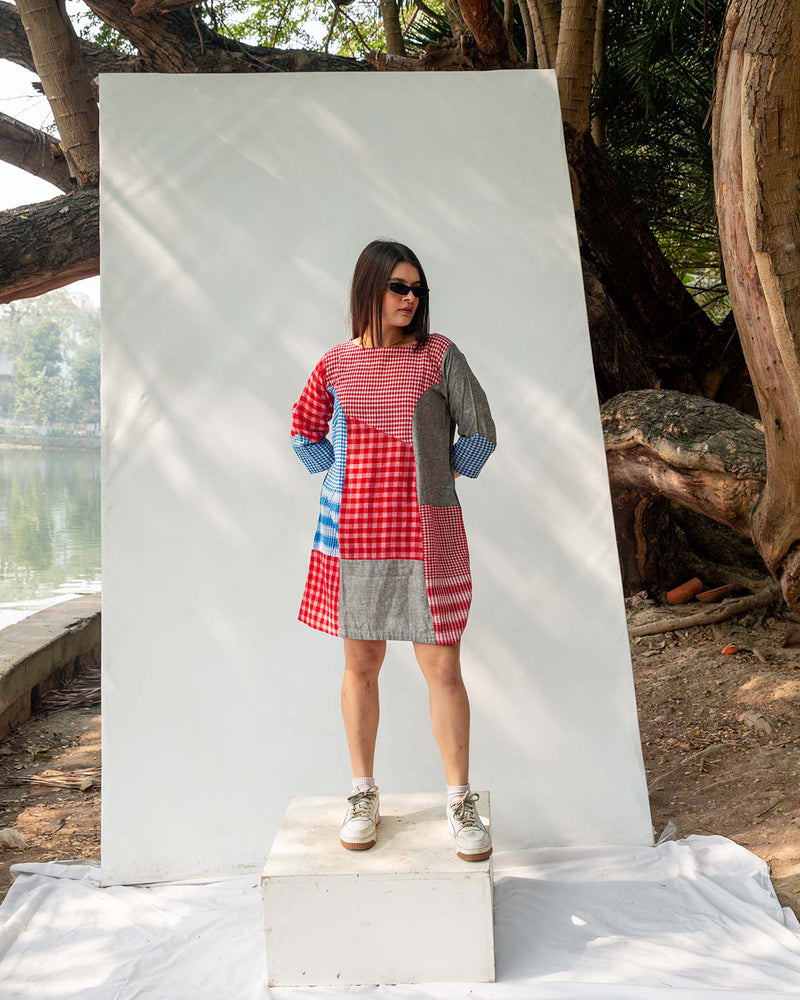 Colourblock Gamcha Dress gamcha dress by 145 East in red, blue for women Worldwide