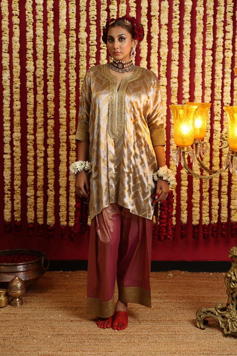 Chevron Tissue Tunic & Shalwar Set-Dusty Pink tissue kurta/kurta set by Sabo by Sabina in pink for women Worldwide