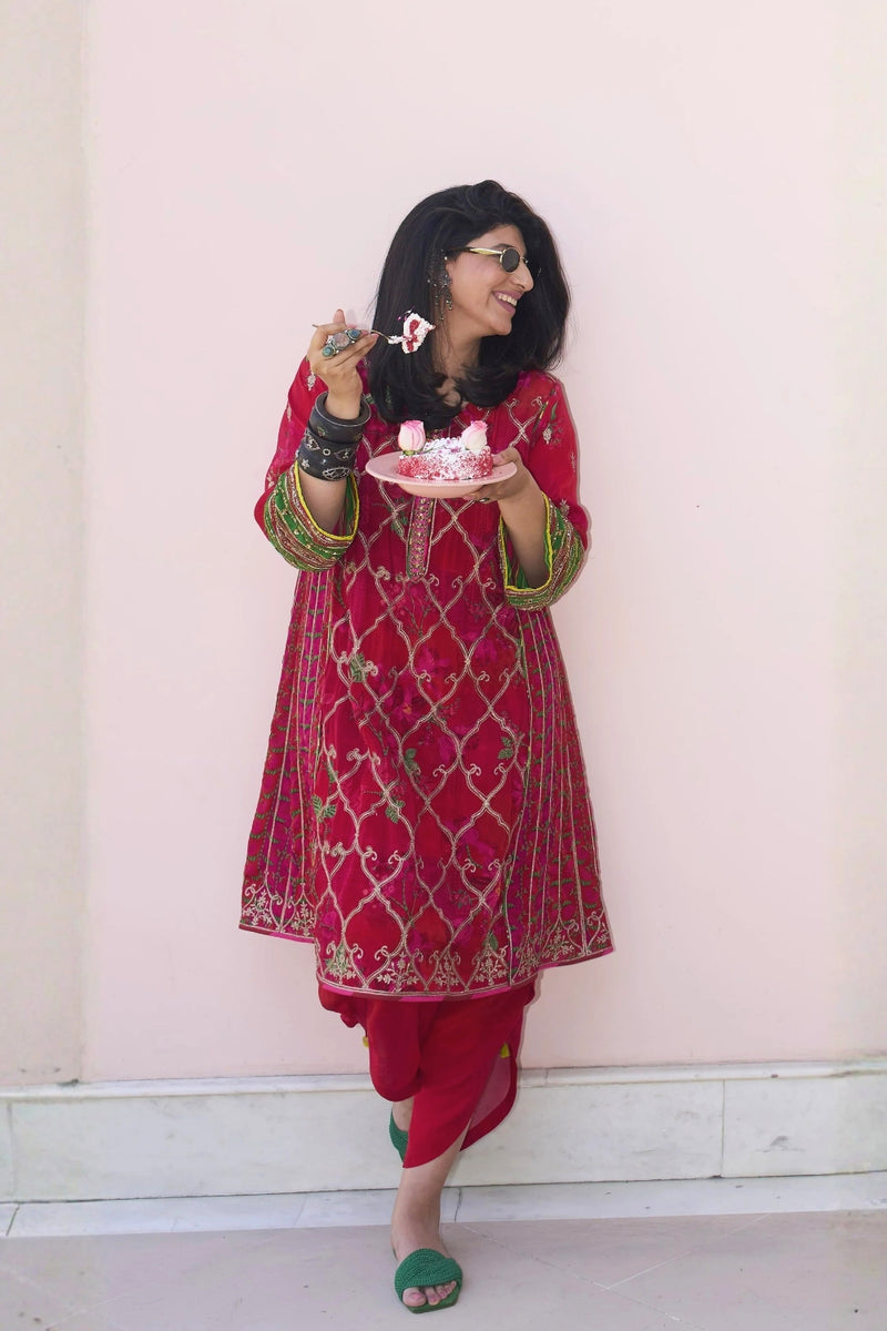 Ramniq Red Choga Style Kurta Set crepe kurta/kurta set by Rajiramniq in red for women Worldwide