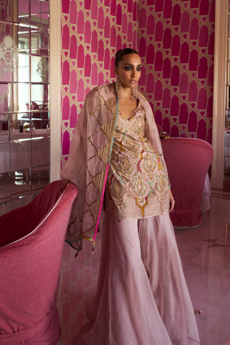 Retro Raani Champagne Pink Sharara Set silk, silk organza kurta/kurta set by Rajiramniq in pink for women Worldwide