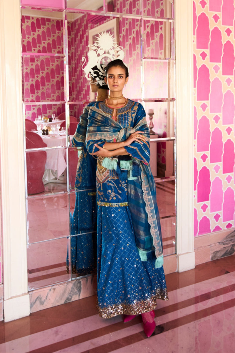 Retro Raani Teal Blue Tree Sharara Set silk, chanderi, silk tissue kurta/kurta set by Rajiramniq in teal blue for women Worldwide