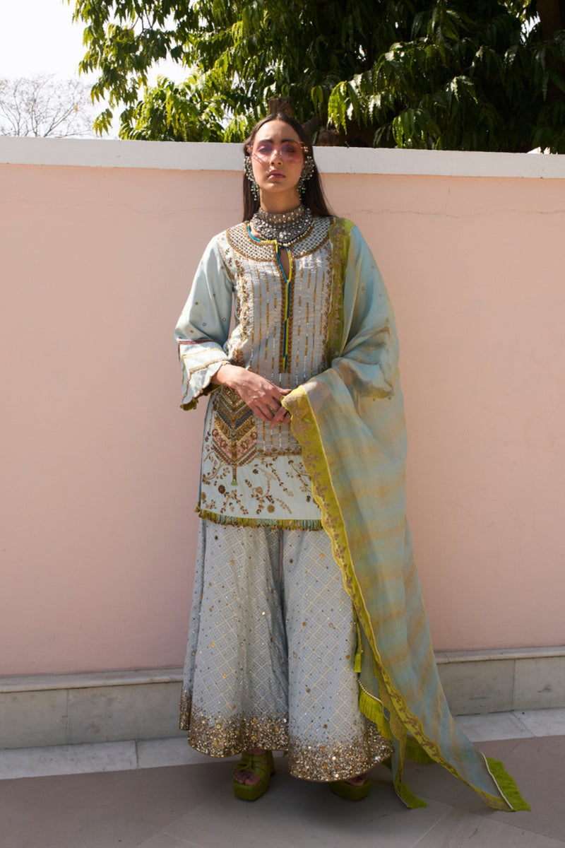 Retro Raani Sky Blue Tree Sharara Set silk, tissue kurta/kurta set by Rajiramniq in blue for women Worldwide