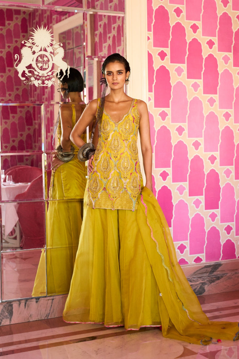 Retro Raani Yellow lotus Sharara Set silk, organza kurta/kurta set by Rajiramniq in lime for women Worldwide