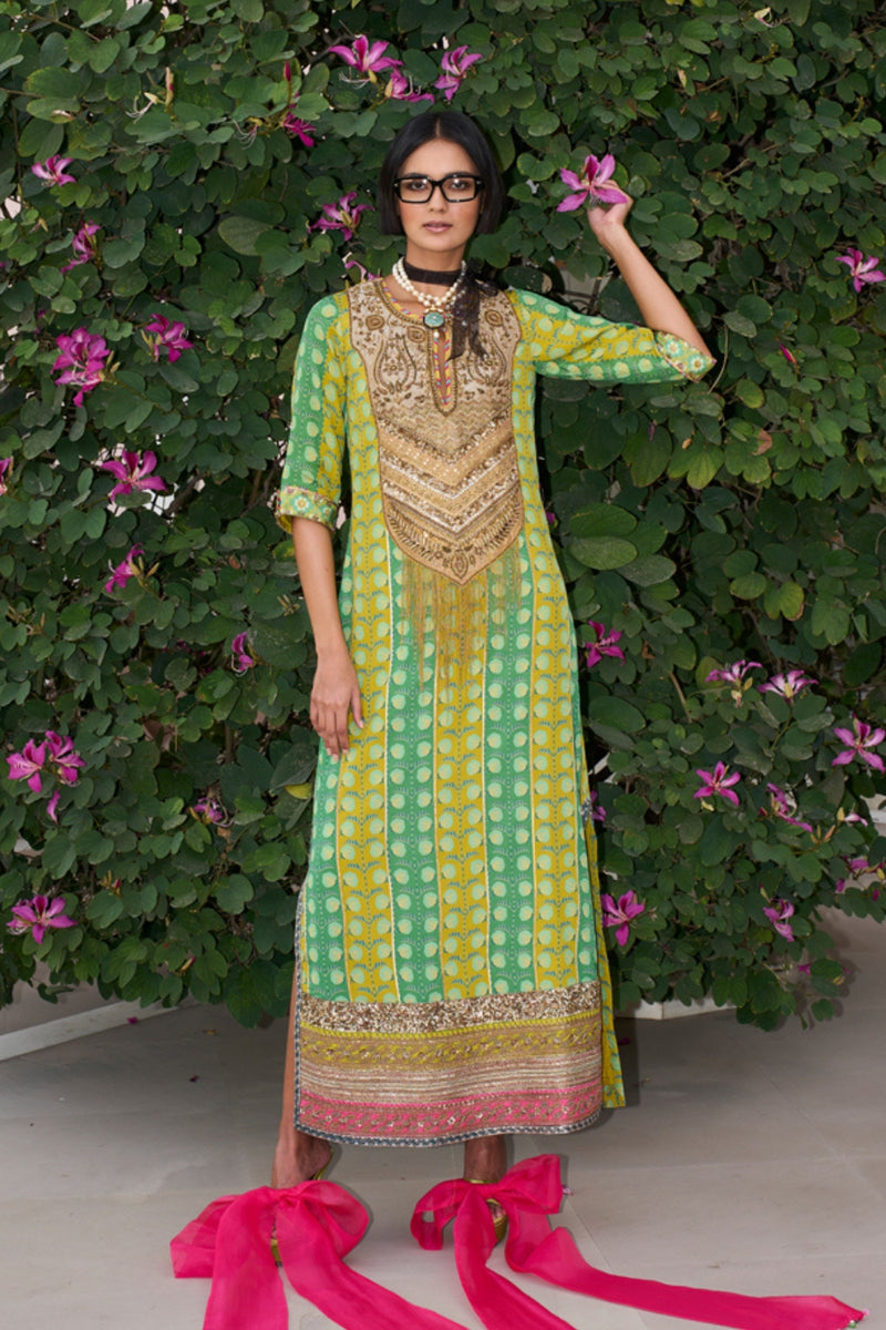 Retro Raani Tissue Yoke Printed Kaftan Dress crepe dress by Rajiramniq in lime yellow for women Worldwide