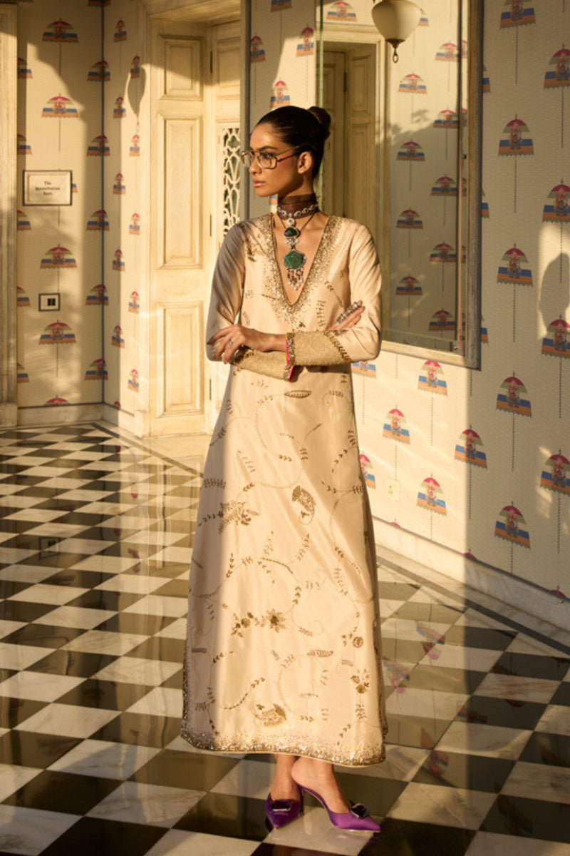Retro Raani Ivory Jaal kaftan dress silk dress by Rajiramniq in ivory for women Worldwide