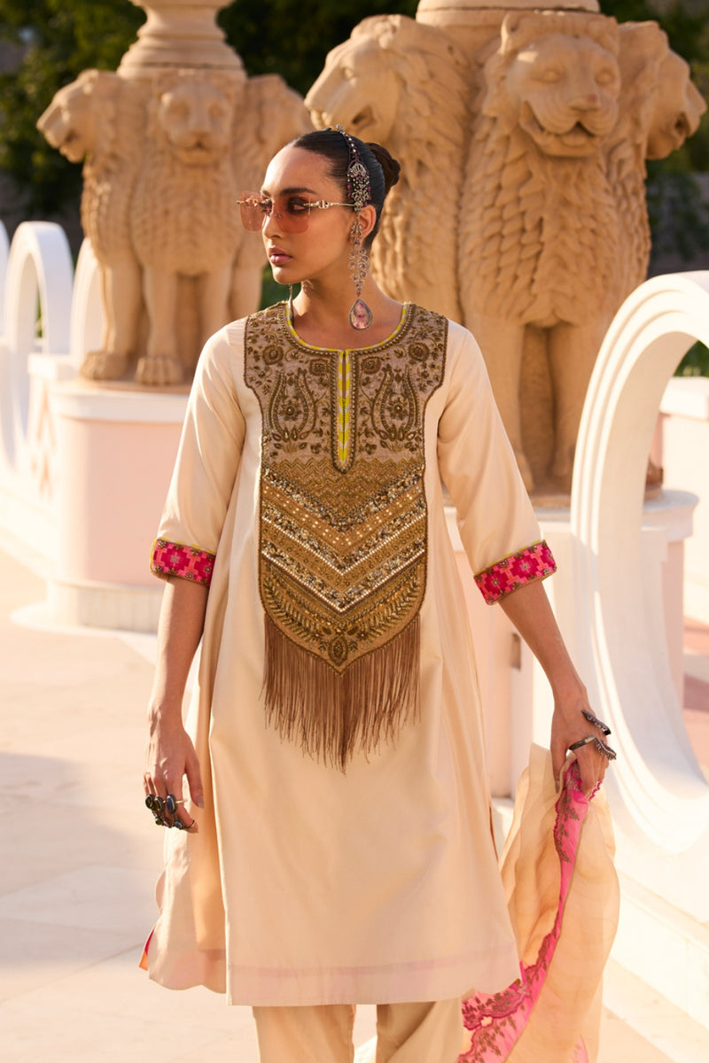 Retro Raani Tissue yoke Kurta set silk kurta/kurta set by Rajiramniq in ivory for women Worldwide