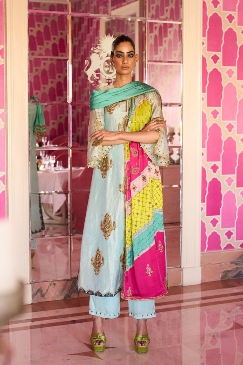 Retro Raani Powder Blue Boota Tissue Kurta Set tissue, modal satin and silk crepe kurta/kurta set by Rajiramniq in blue for women Worldwide