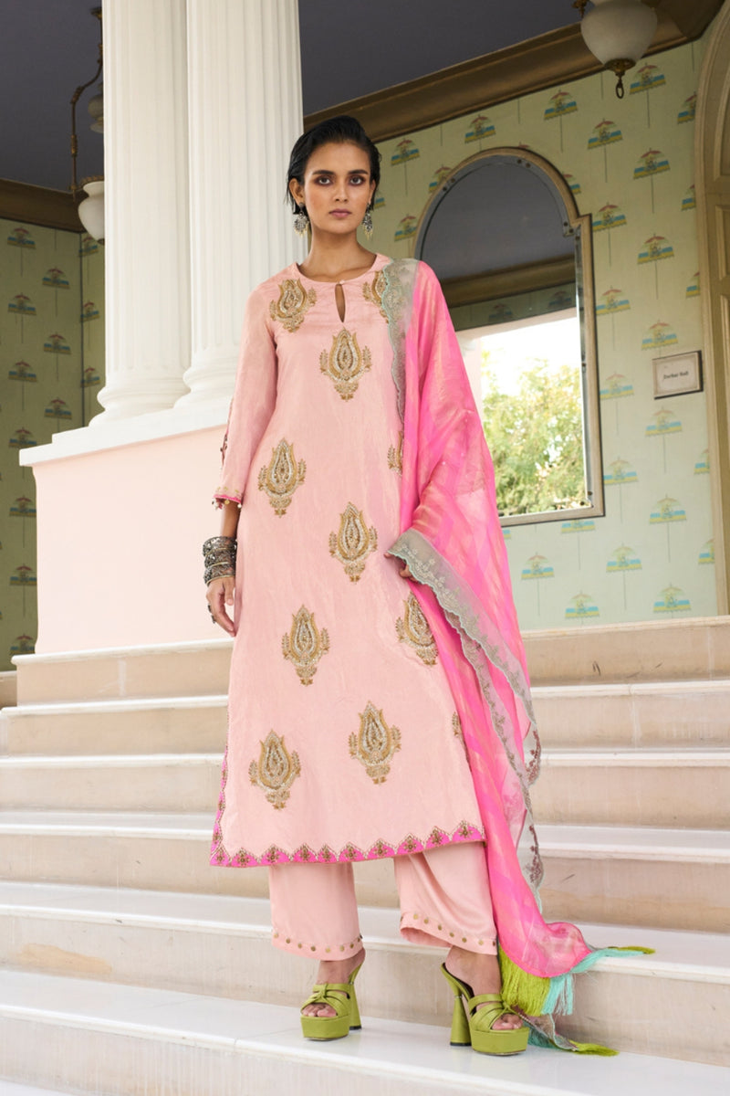 Retro Raani Pastel Pink Boota Tissue Kurta Set tissue, modal satin and silk crepe kurta/kurta set by Rajiramniq in pink for women Worldwide