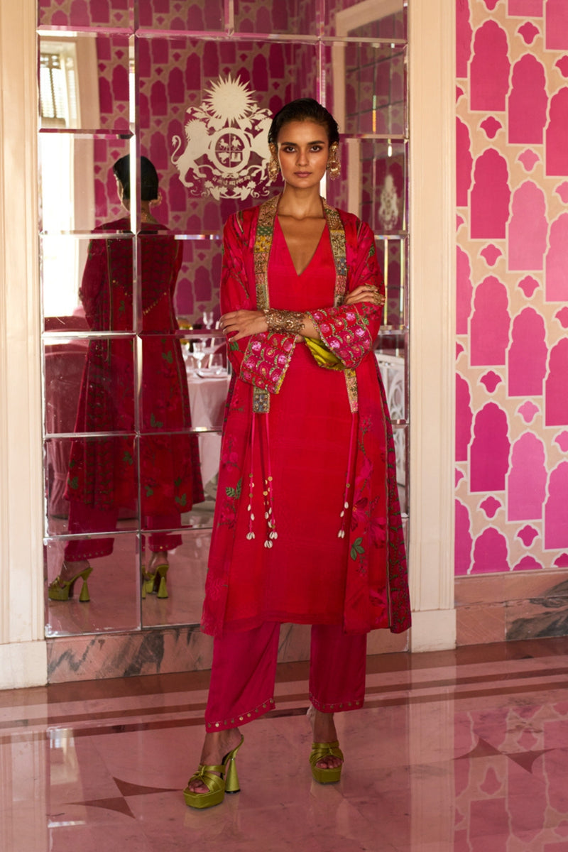 Retro Raani Red Jacket Kurta Set crepe kurta/kurta set by Rajiramniq in red for women Worldwide
