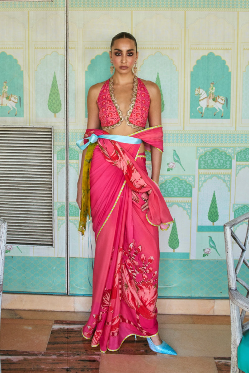 Retro Raani Candy Pink Saree Set crepe saree by Rajiramniq in pink for women Worldwide