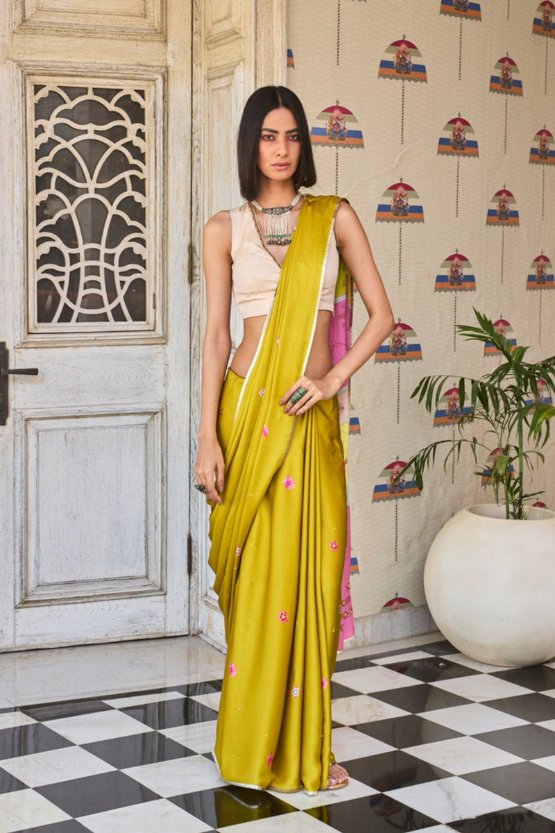 Retro Raani Multicolor Embroidered Saree Set satin crepe saree by Rajiramniq in ivory for women Worldwide