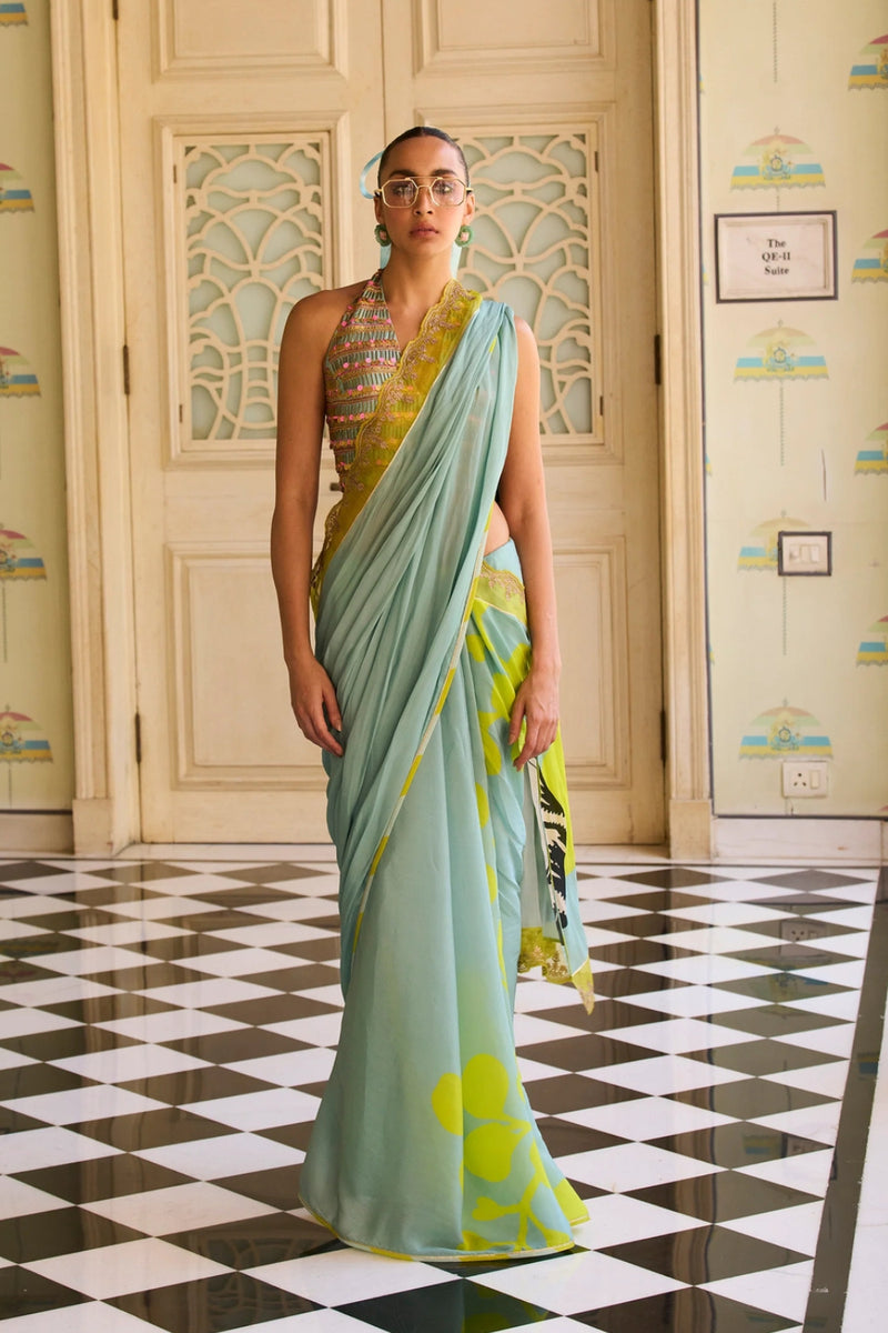 Retro Raani Powder Blue Metal Tassel Blouse Saree Set silk, crepe saree by Rajiramniq in blue for women Worldwide