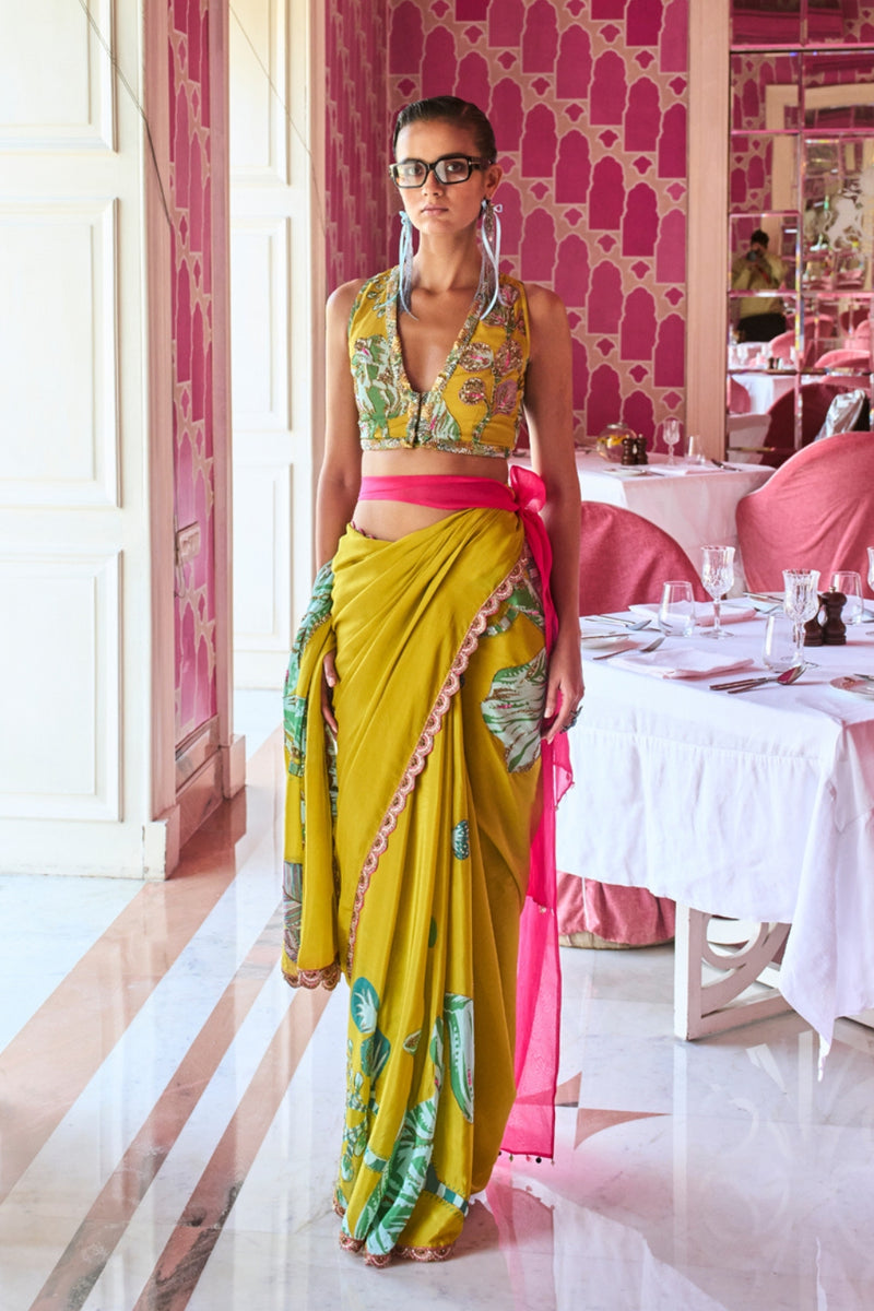 Retro Raani Yellow Sage Embroidered Saree Set crepe saree by Rajiramniq in lime yellow for women Worldwide