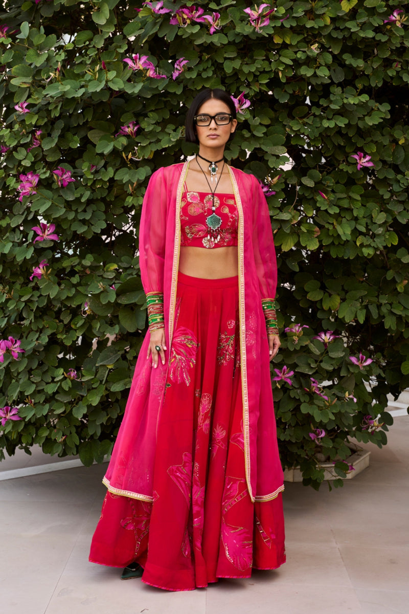 Retro Raani Red- Raani Pink Jacket Lehenga Set crepe, silk organza lehenga sets by in red-raani pink for women Worldwide