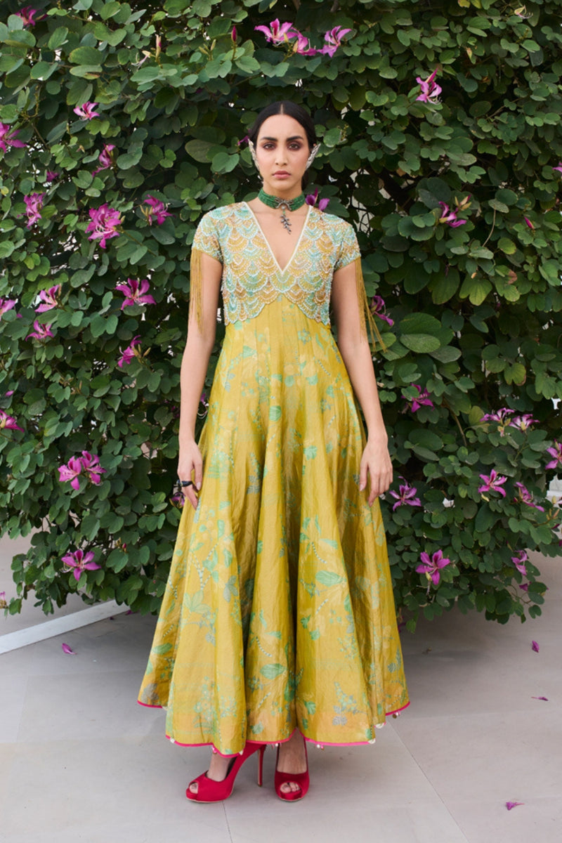 Retro Raani Yellow Sage Tissue Anarkali