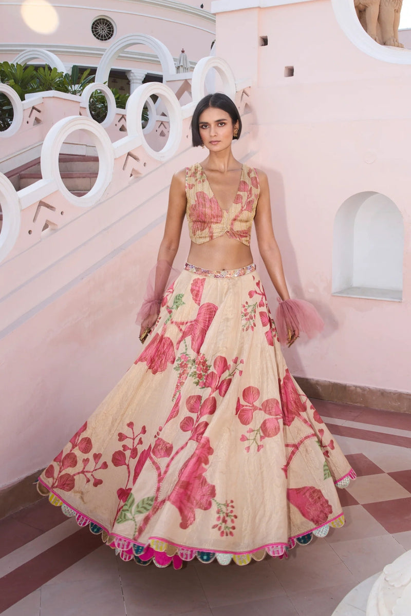 Retro Raani Tissue Waistcoat Lehenga Set silk tissue lehenga sets by Rajiramniq in ivory for women Worldwide