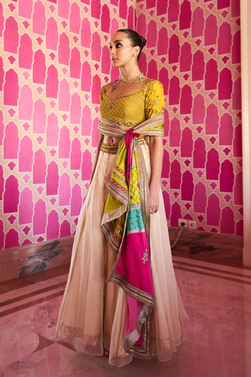 Retro Raani Ivory Organza Lehenga Set silk, silk organza and satin crepe lehenga sets by Rajiramniq in yellow for women Worldwide