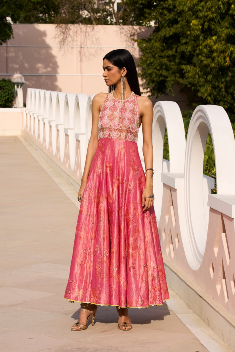 Retro Raani Candy Tissue Anarkali tissue silk kurta/kurta set by Rajiramniq in candy pink for women Worldwide