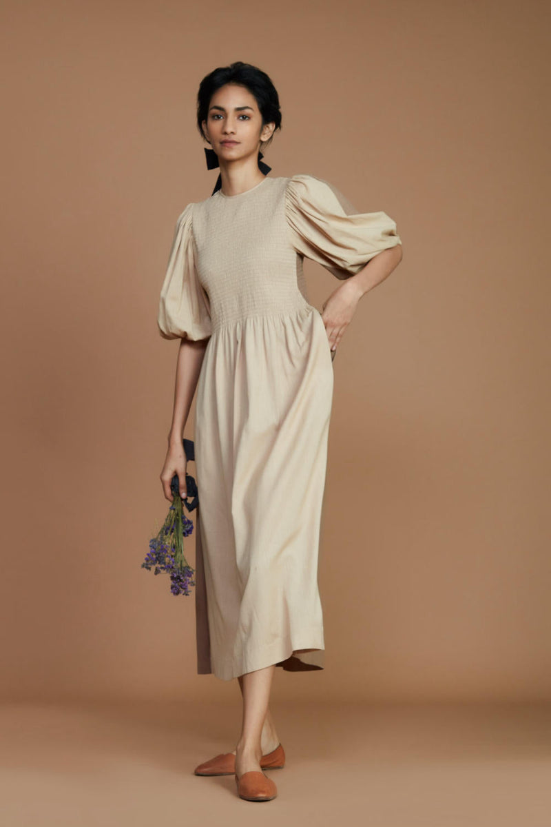 Reversible Smocked Balloon Sleeve Beige & Ivory Dress Dress by Mati for women Worldwide