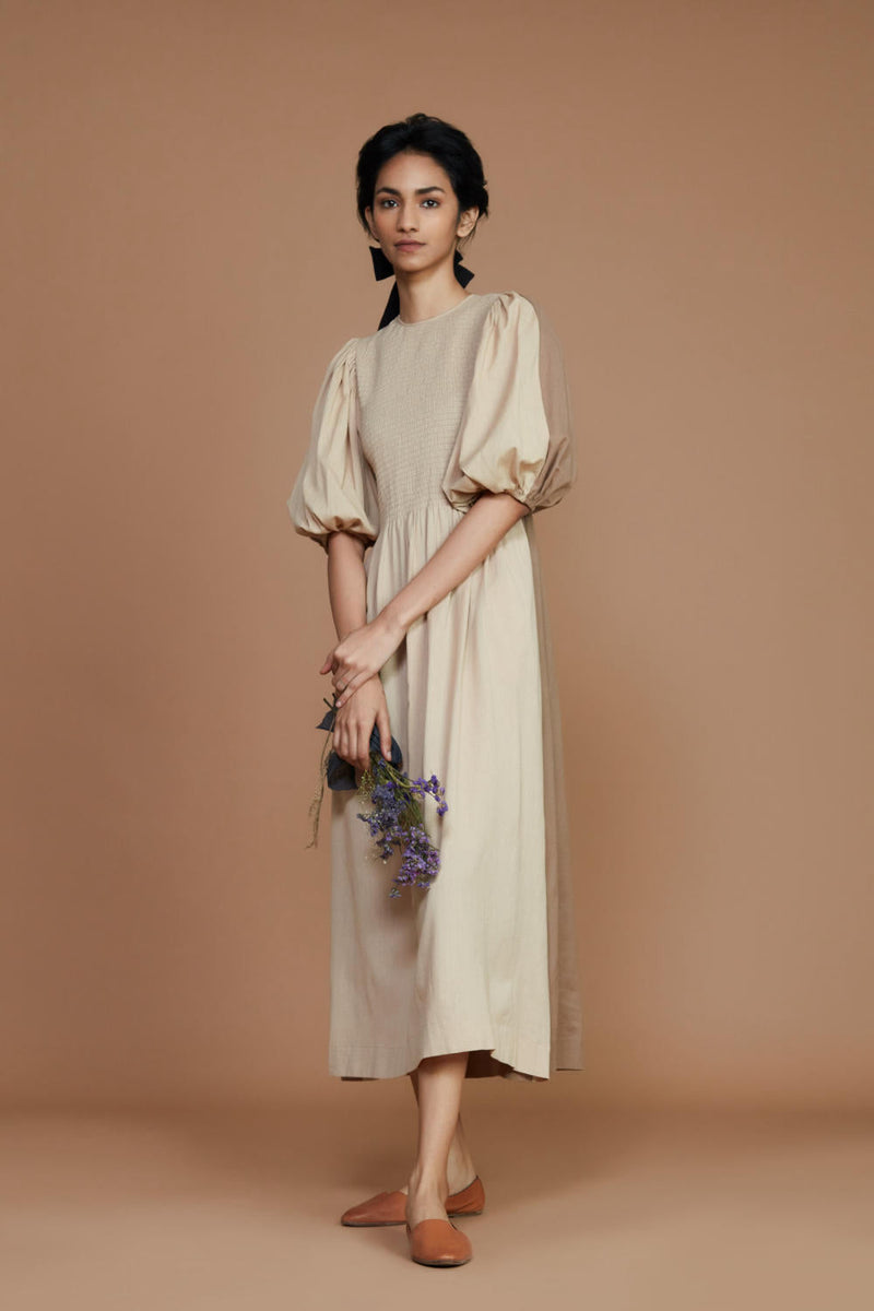 Reversible Smocked Balloon Sleeve Beige & Ivory Dress Dress by Mati for women Worldwide