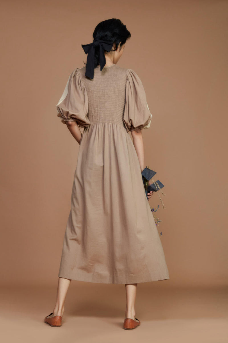 Reversible Smocked Balloon Sleeve Beige & Ivory Dress Dress by Mati for women Worldwide