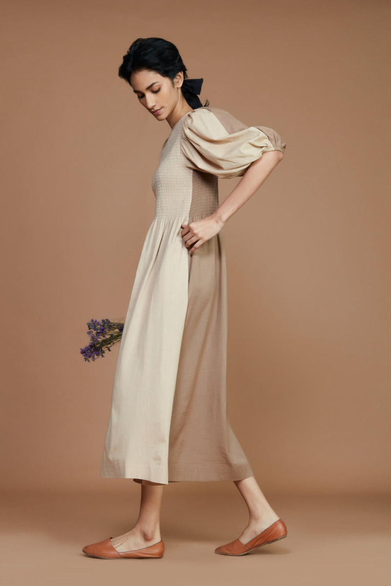 Reversible Smocked Balloon Sleeve Beige & Ivory Dress Dress by Mati for women Worldwide