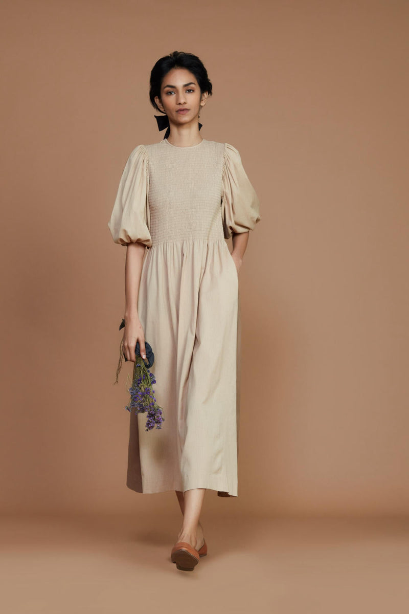 Reversible Smocked Balloon Sleeve Beige & Ivory Dress Dress by Mati for women Worldwide