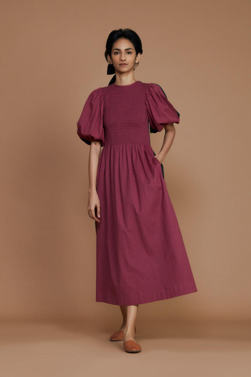 Reversible Smocked Balloon Sleeve Charcoal & Mauve Dress Dress by Mati for women Worldwide