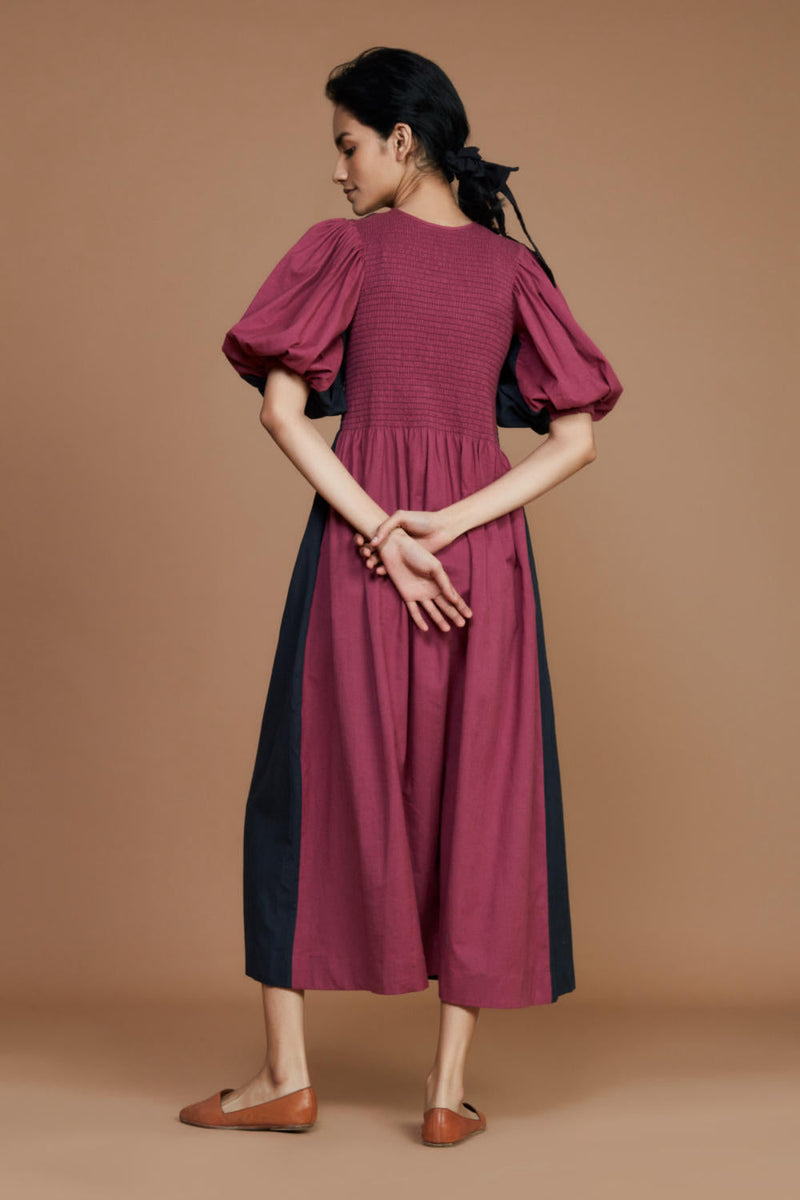 Reversible Smocked Balloon Sleeve Charcoal & Mauve Dress Dress by Mati for women Worldwide