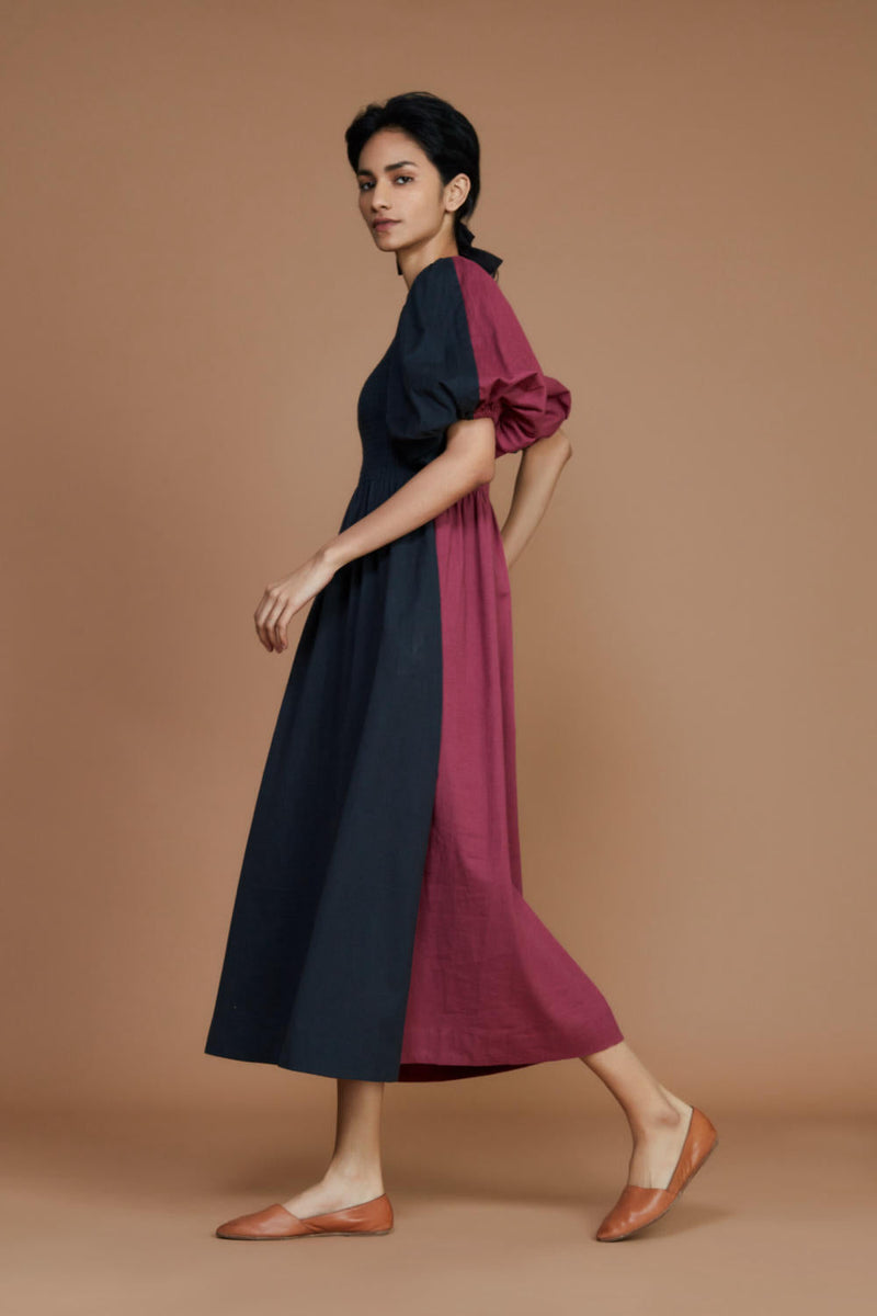 Reversible Smocked Balloon Sleeve Charcoal & Mauve Dress Dress by Mati for women Worldwide