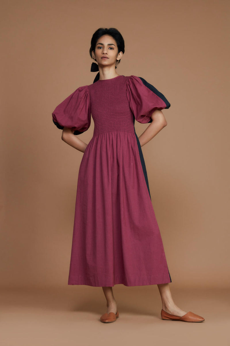 Reversible Smocked Balloon Sleeve Charcoal & Mauve Dress Dress by Mati for women Worldwide