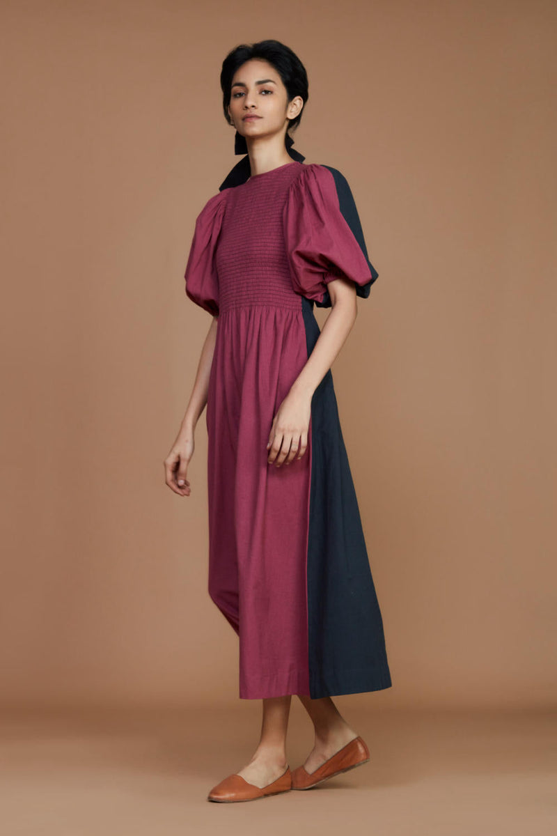 Reversible Smocked Balloon Sleeve Charcoal & Mauve Dress Dress by Mati for women Worldwide