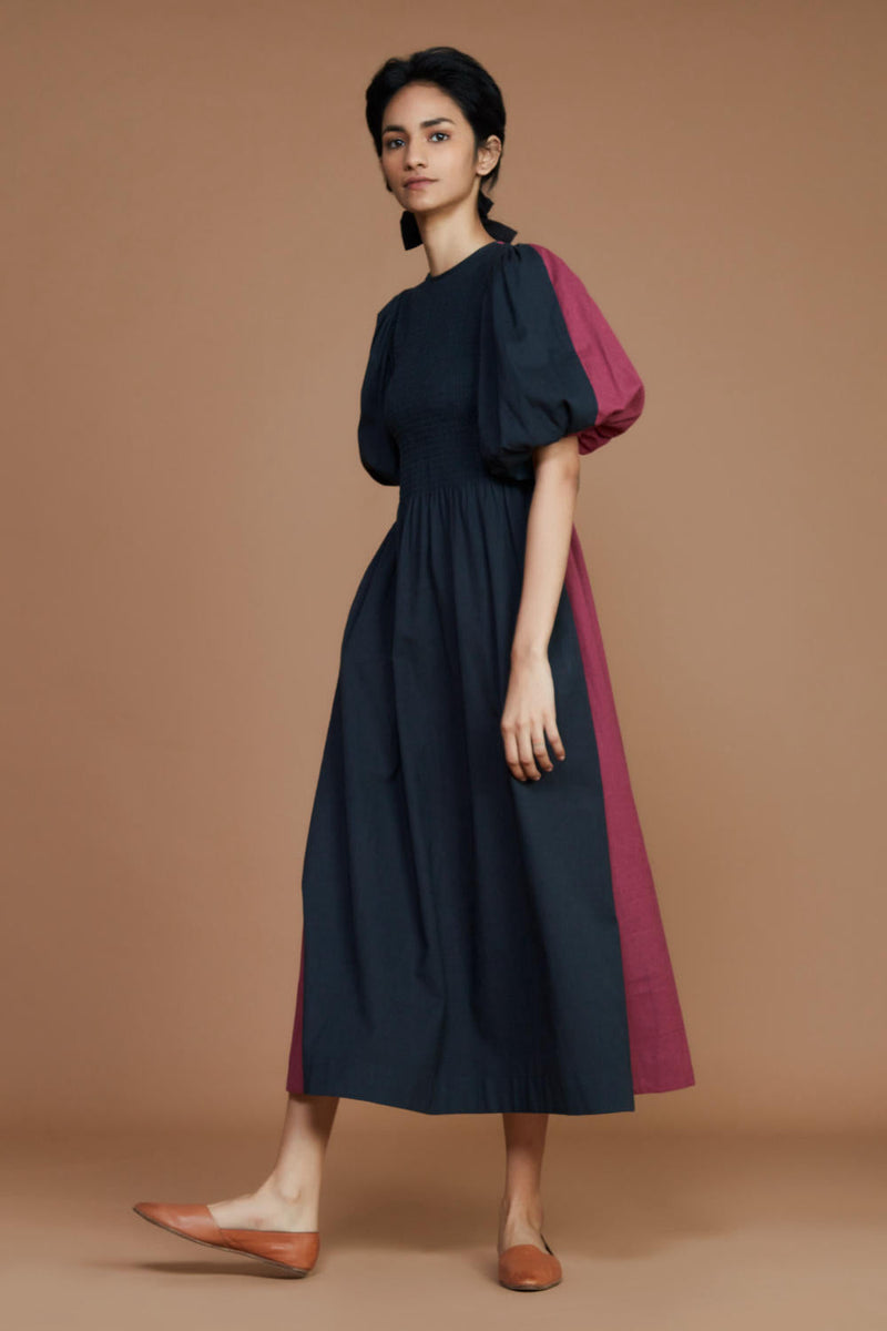 Reversible Smocked Balloon Sleeve Charcoal & Mauve Dress Dress by Mati for women Worldwide