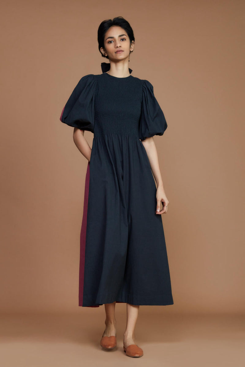 Reversible Smocked Balloon Sleeve Charcoal & Mauve Dress Dress by Mati for women Worldwide