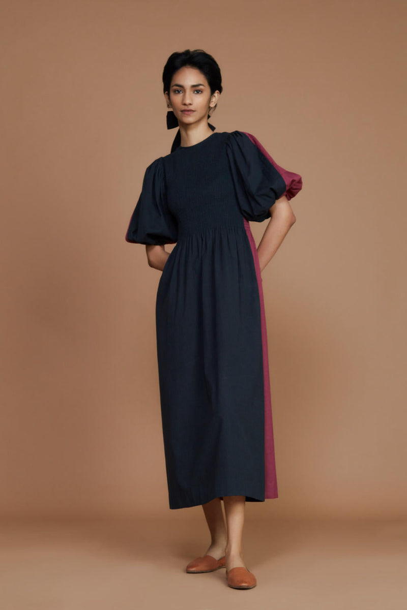 Reversible Smocked Balloon Sleeve Charcoal & Mauve Dress Dress by Mati for women Worldwide