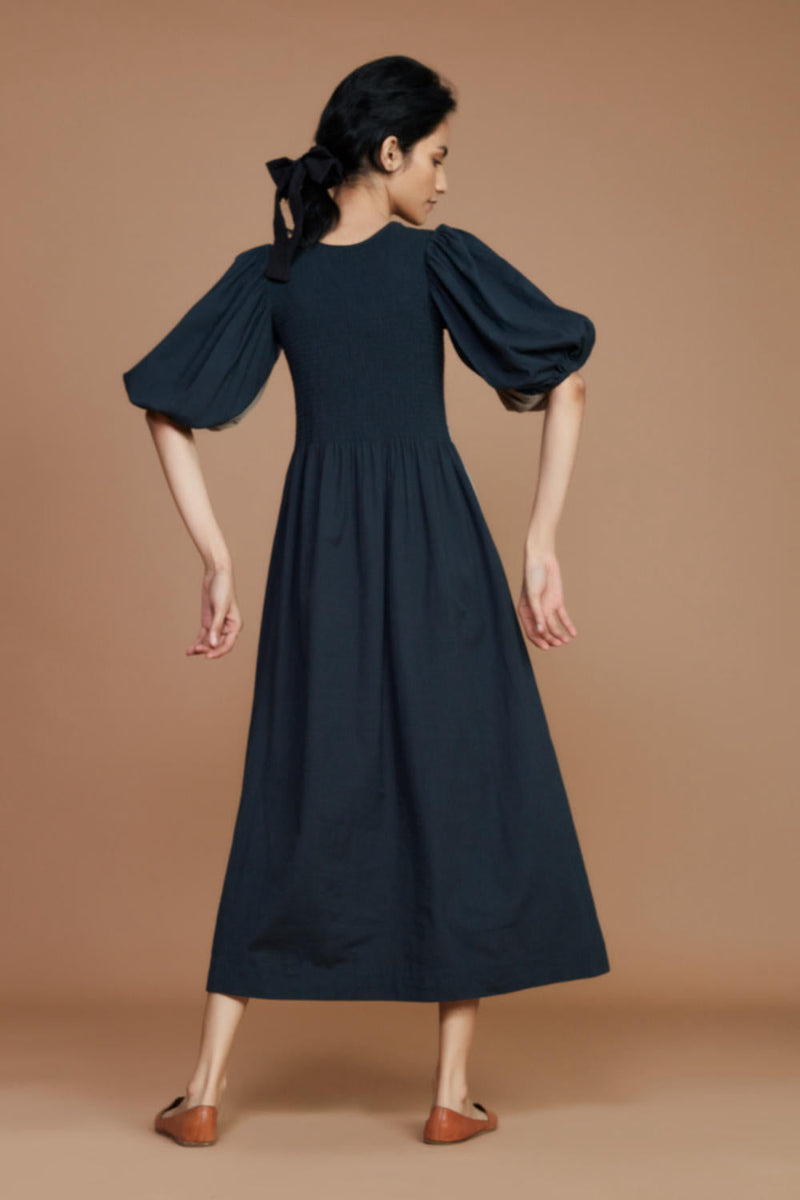 Reversible Smocked Balloon Sleeve Grey & Charcoal Dress by Mati for women Worldwide