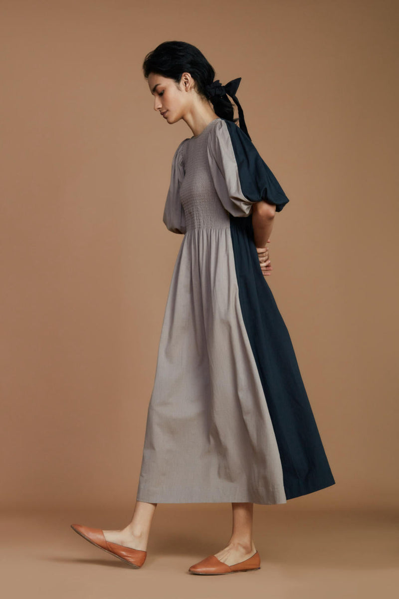Reversible Smocked Balloon Sleeve Grey & Charcoal Dress by Mati for women Worldwide