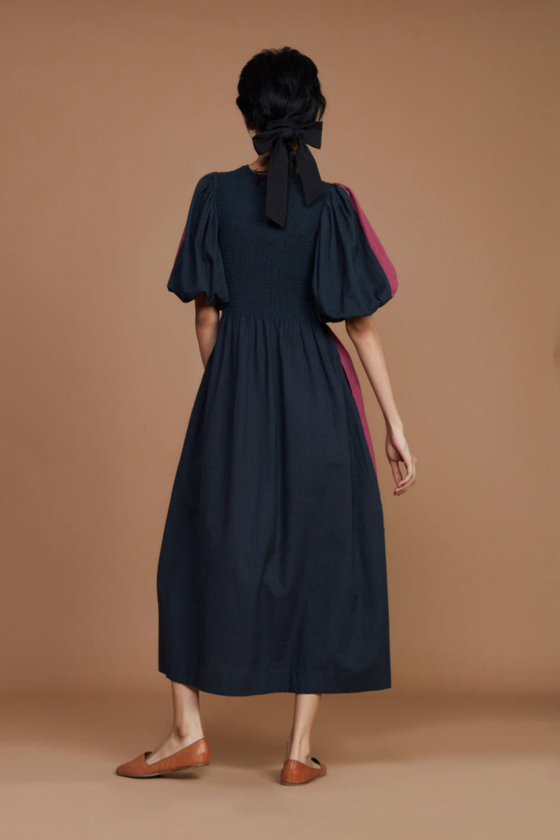 Reversible Smocked Balloon Sleeve Grey & Charcoal Dress by Mati for women Worldwide