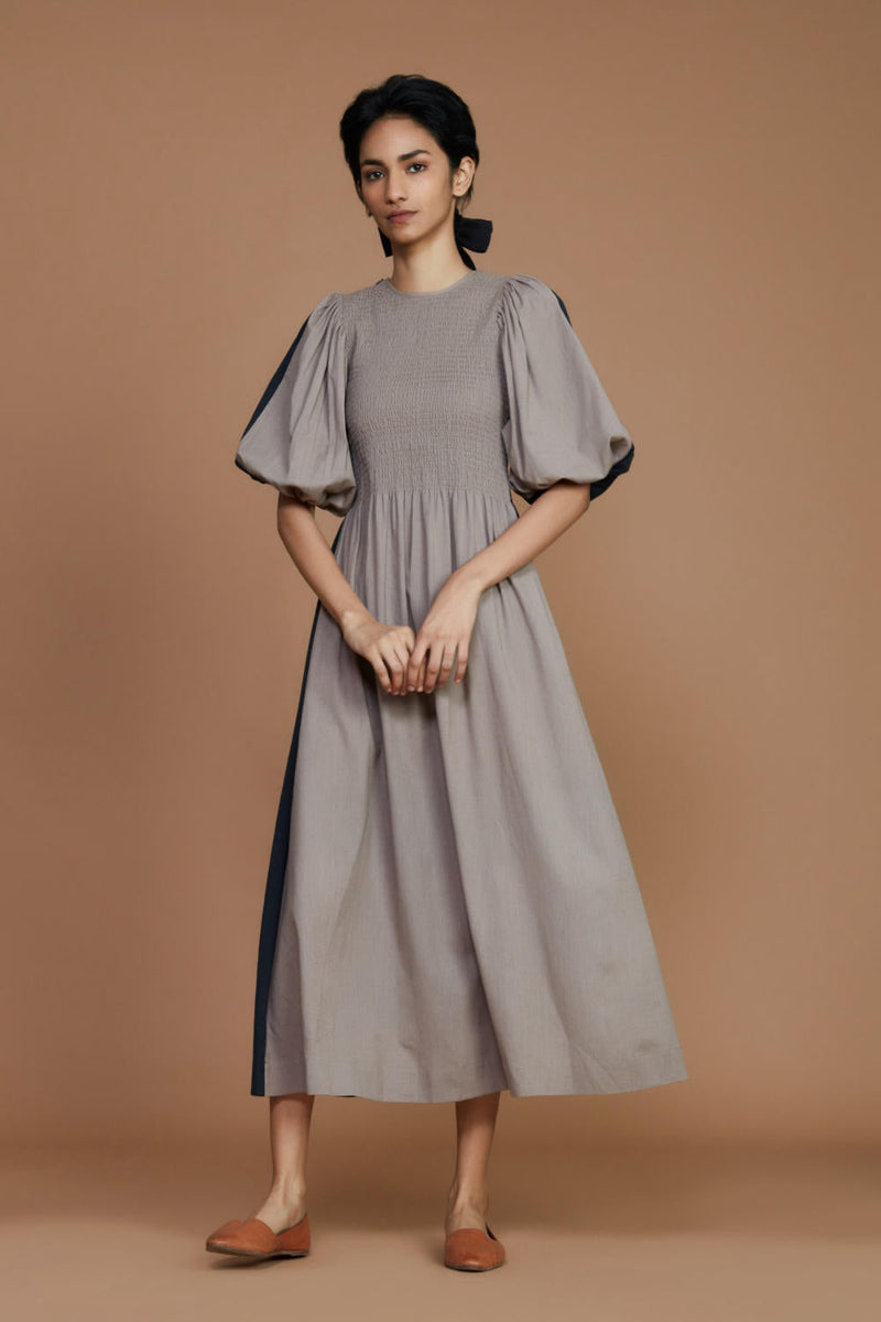 Reversible Smocked Balloon Sleeve Grey & Charcoal Dress by Mati for women Worldwide