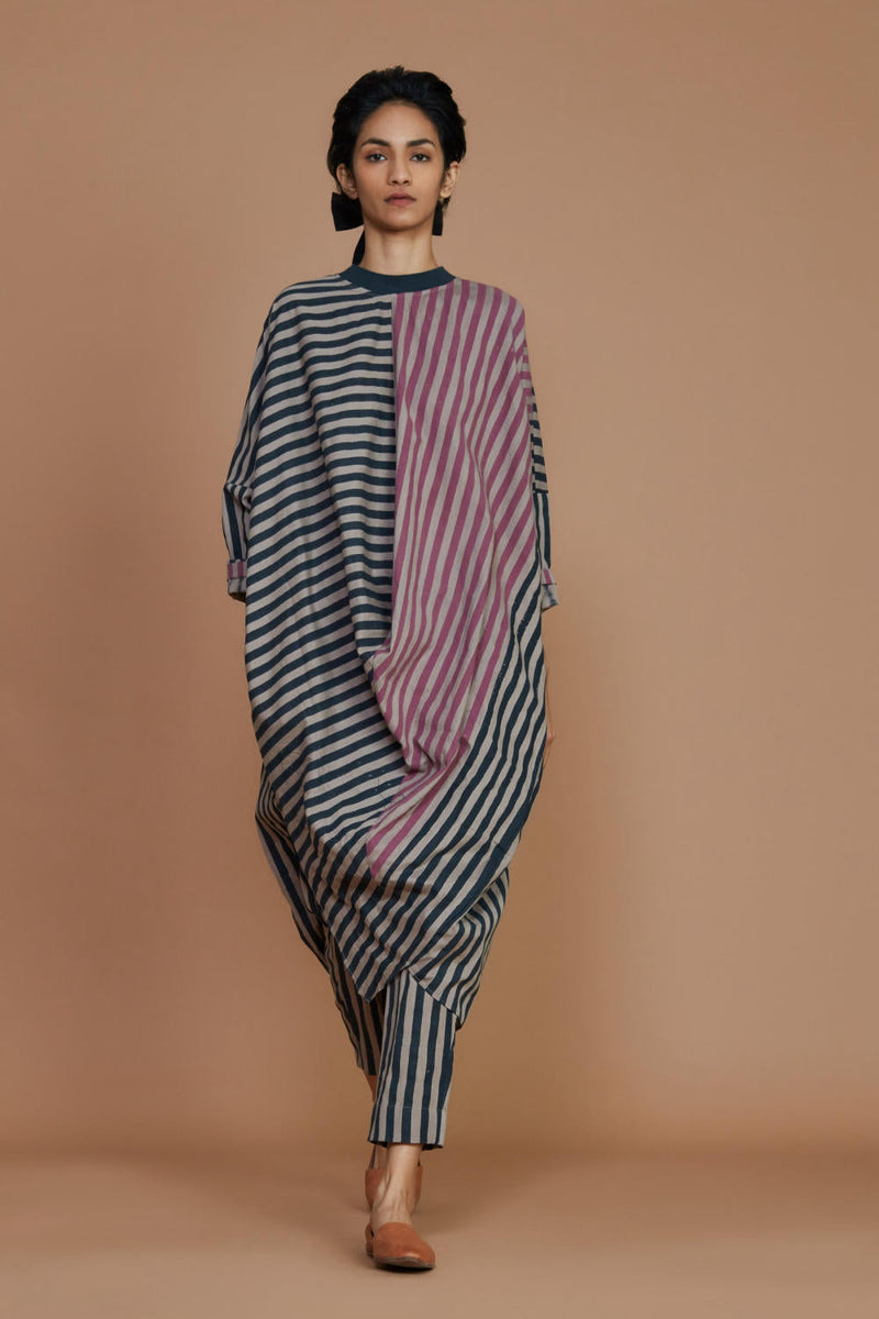 Ribbed Cowl Tunic Striped Grey Co-ord Set Co-ord Set,Dress by Mati for women Worldwide