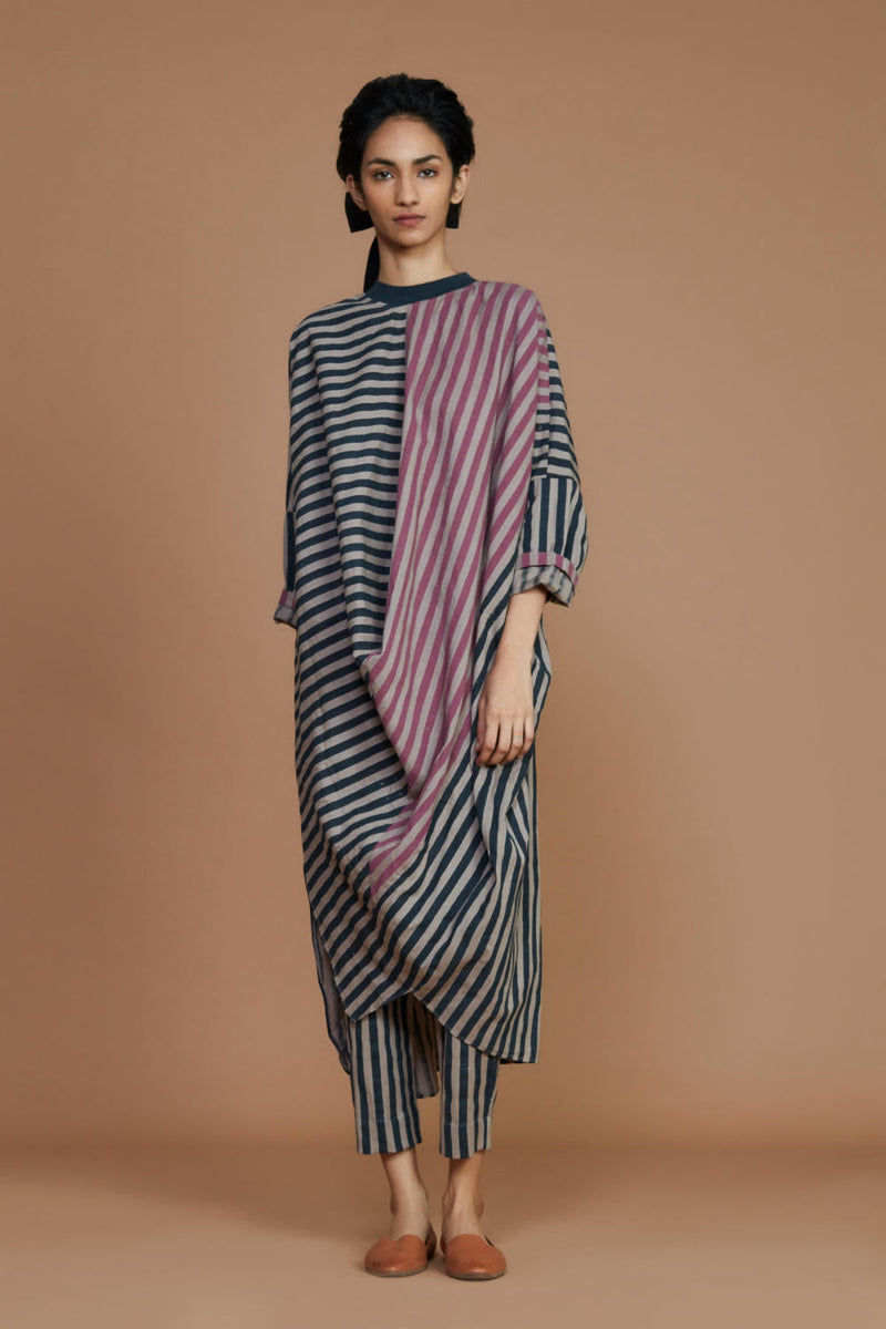 Ribbed Cowl Tunic Striped Grey Co-ord Set Co-ord Set,Dress by Mati for women Worldwide