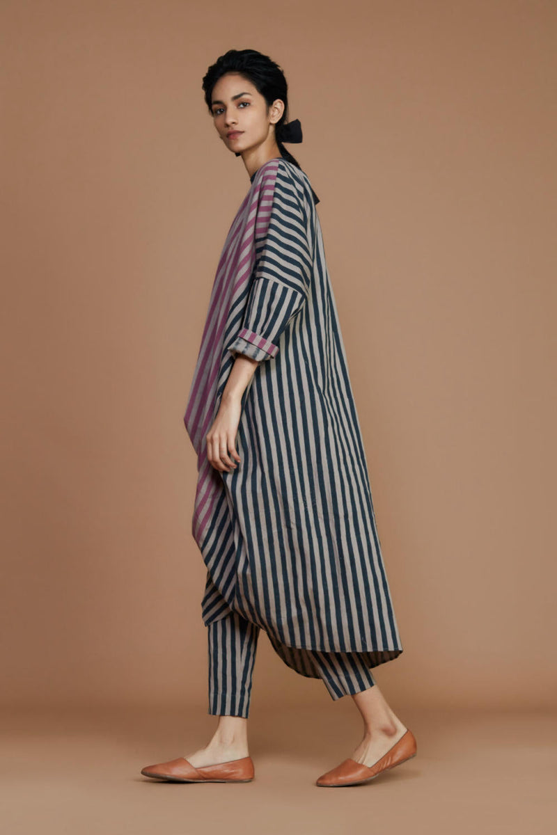 Ribbed Cowl Tunic Striped Grey Co-ord Set Co-ord Set,Dress by Mati for women Worldwide