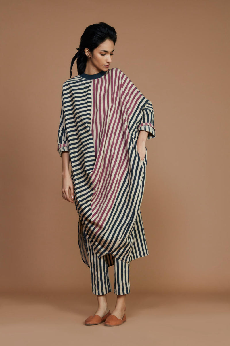 Ribbed Cowl Tunic Striped Ivory Co-Ord Set Co-ord Set,Dress by Mati for women Worldwide