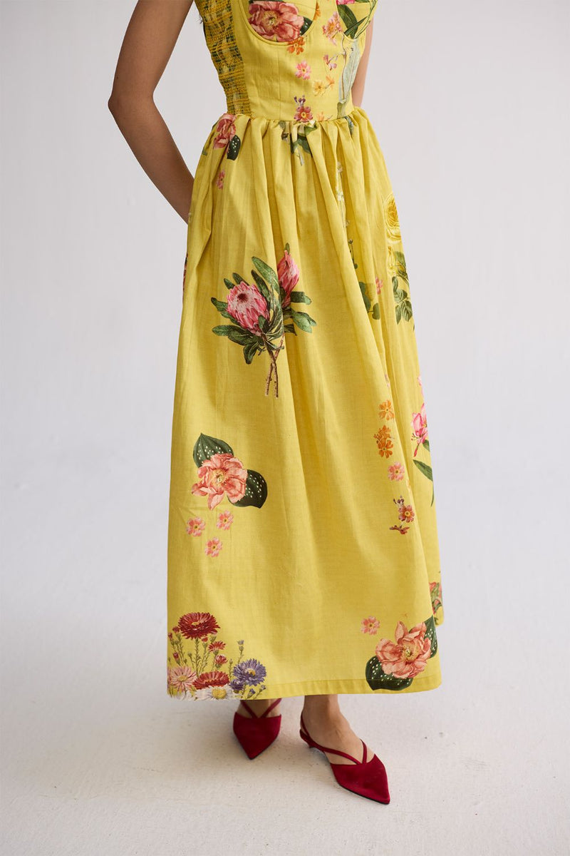 ROMY SMOCKED BRALETTE DRESS cotton satin dress by YAM in yellow for women Worldwide