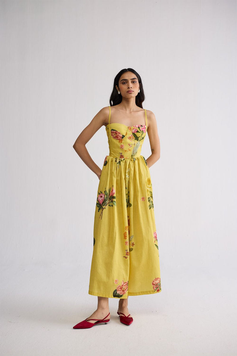ROMY SMOCKED BRALETTE DRESS cotton satin dress by YAM in yellow for women Worldwide