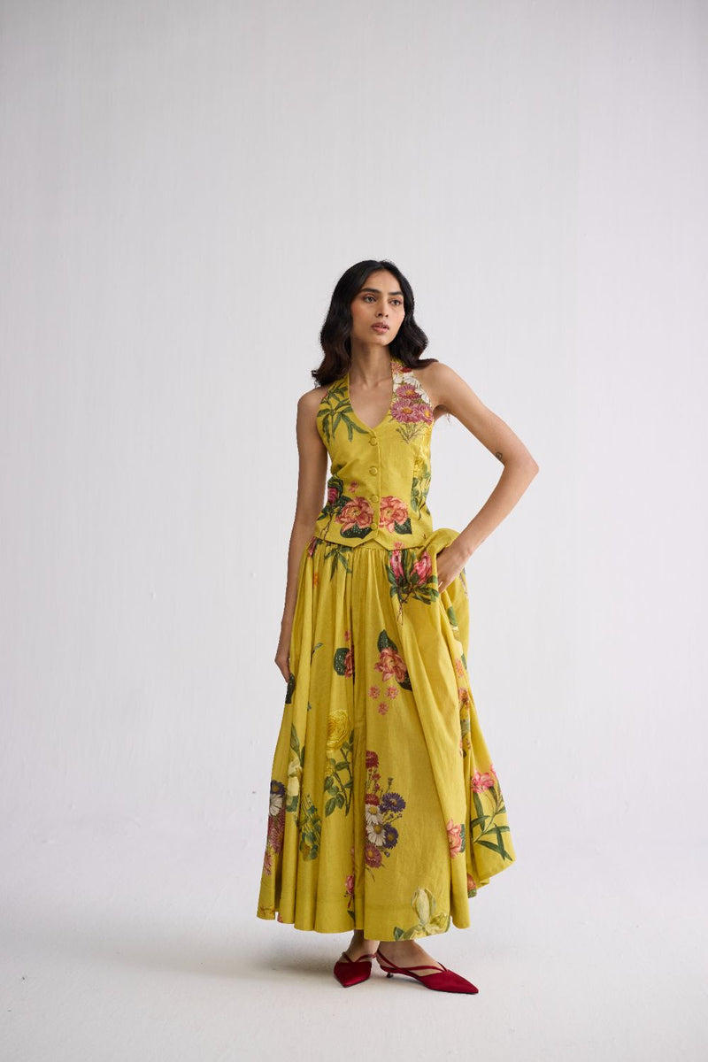 ROMY HALTERNECK WAISTCOAT & SKIRT SET cotton cambric co-ord set by YAM in yellow for women Worldwide