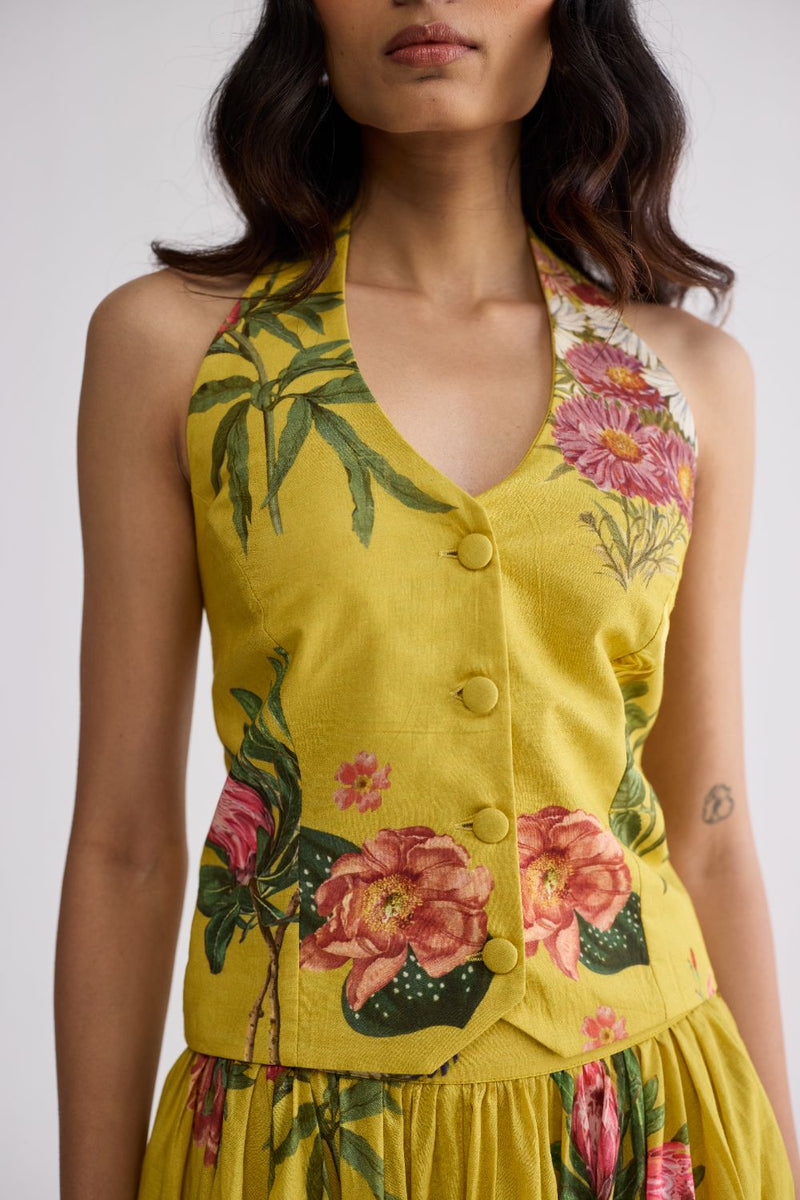 ROMY HALTERNECK WAISTCOAT & SKIRT SET cotton cambric co-ord set by YAM in yellow for women Worldwide
