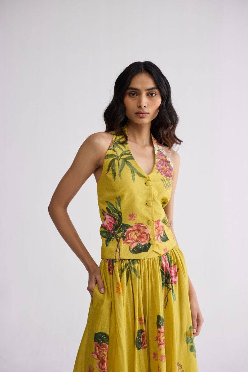ROMY HALTERNECK WAISTCOAT & SKIRT SET cotton cambric co-ord set by YAM in yellow for women Worldwide