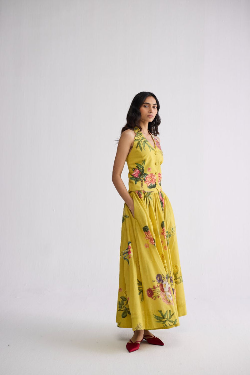 ROMY HALTERNECK WAISTCOAT & SKIRT SET cotton cambric co-ord set by YAM in yellow for women Worldwide